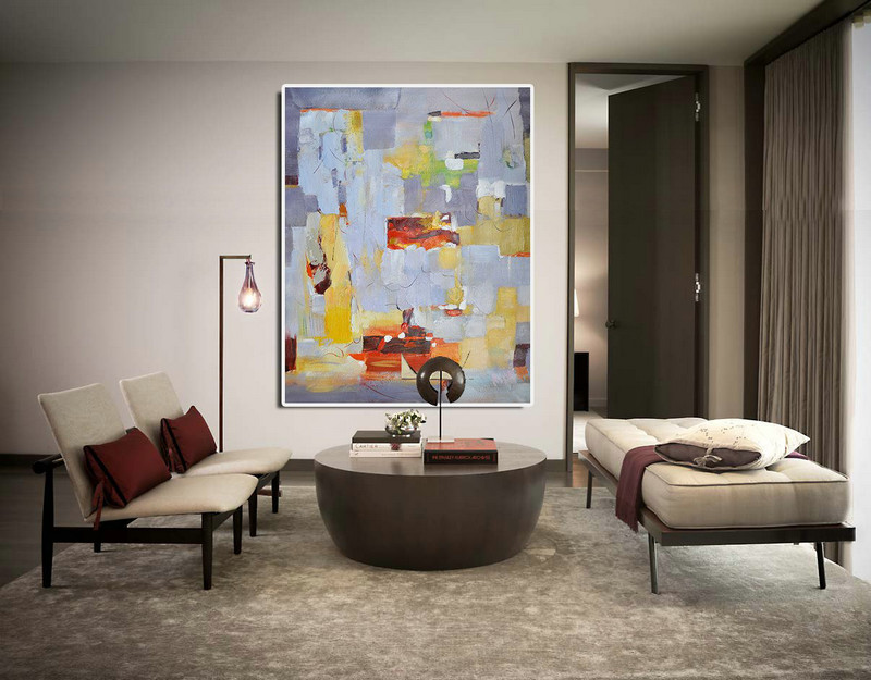Huge Canvas Art On Canvas,Vertical Palette Knife Contemporary Art,Original Art,Purple Grey,Red,Yellow.etc